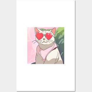 Cat with heart shaped sunglasses Posters and Art